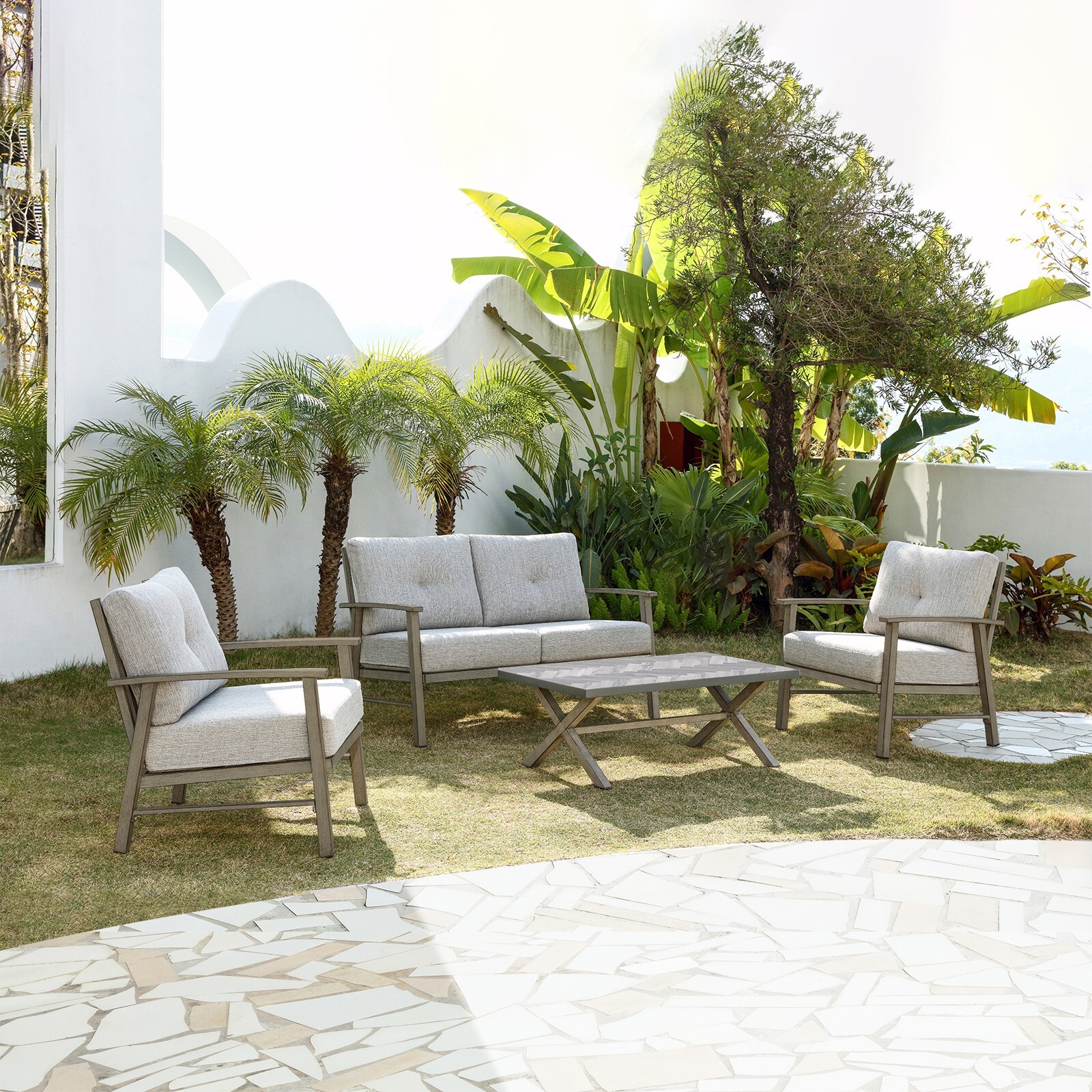 SeeHill 4 Piece Patio Conversation Sets Limed Oak Aluminum Patio Furniture Set