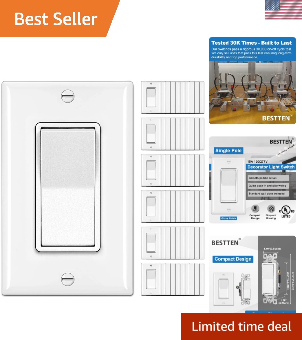 60 Pack Single Pole Decorator Wall Light Switch with Wallplate, 15A 120/277V,...
