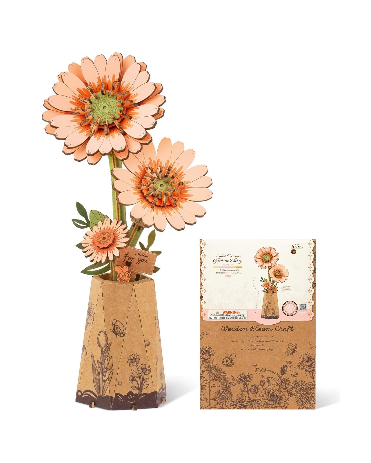 3D Flower Wooden Puzzles for Adults-Gerbera Daisy, DIY Wooden Flowers Model K...