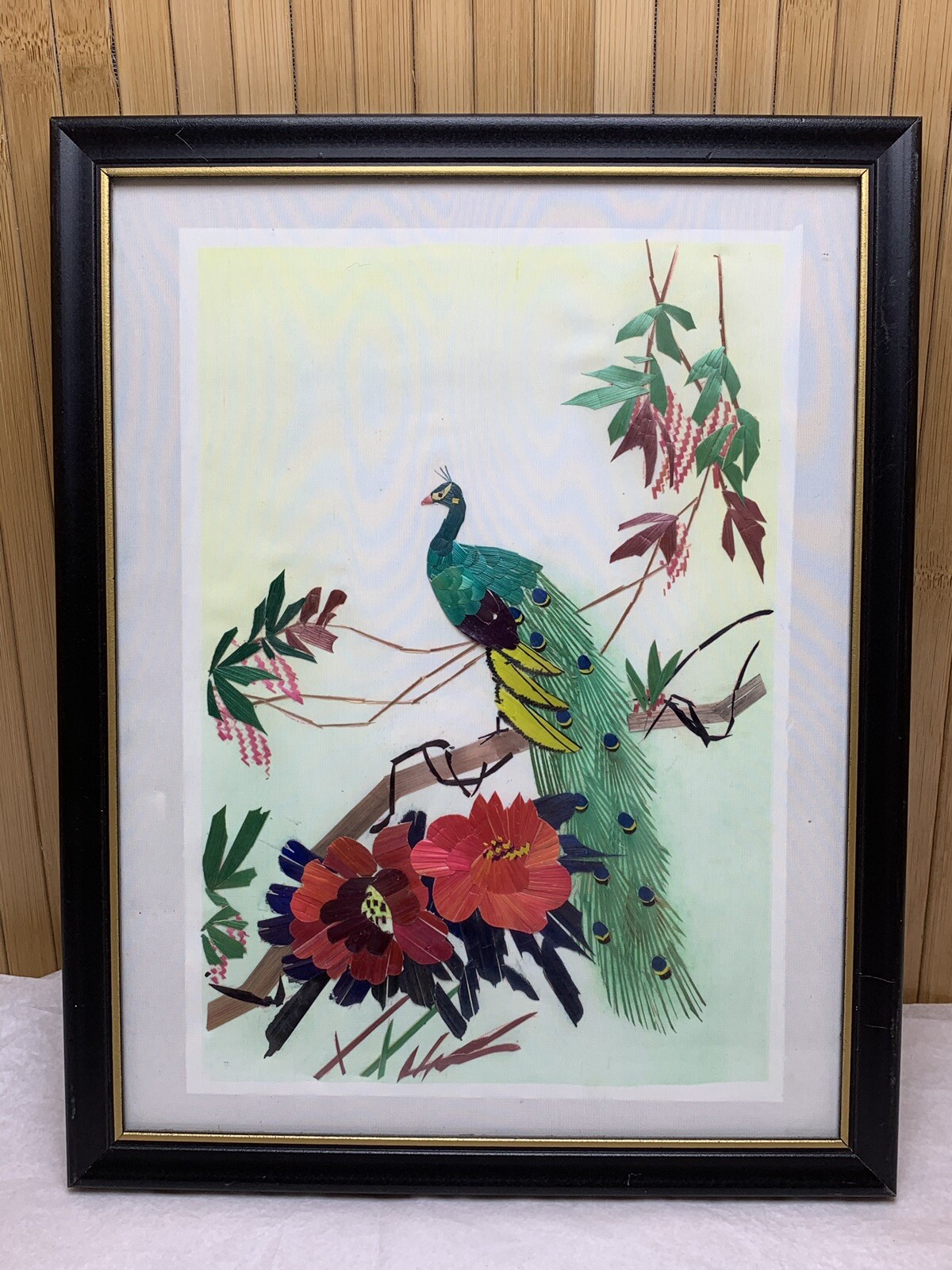 Vintage Oriential Mixed Media Organic Bamboo Peacock Floral Flowers Collage Art