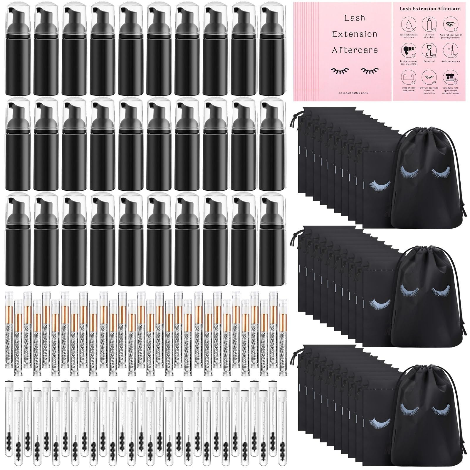150 PCS Black Lash Shampoo Kit Eyelash Extension Cleanser Brushes Bags
