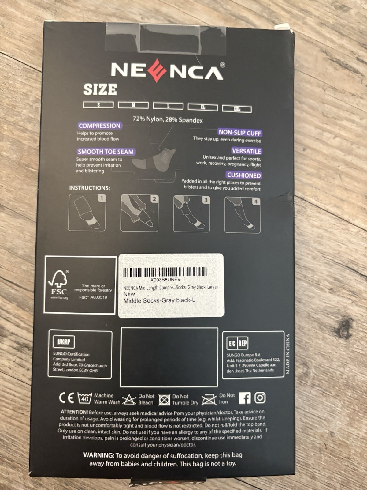 NEENCA Cushioned Compression Socks Gray/Black Non-Slip Cuff Nylon/Spandex 1 Pair