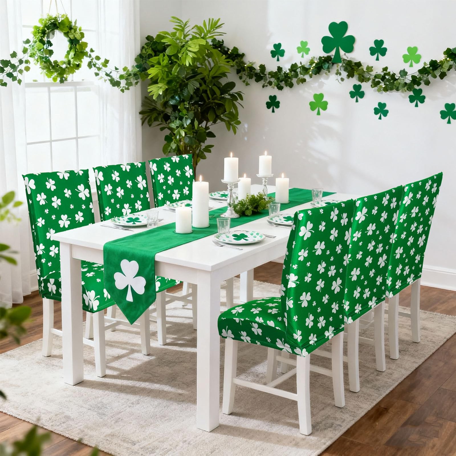 4Pcs St. Patrick' s Day Chair Covers Dining Chair Slipcover Green White Shamroc