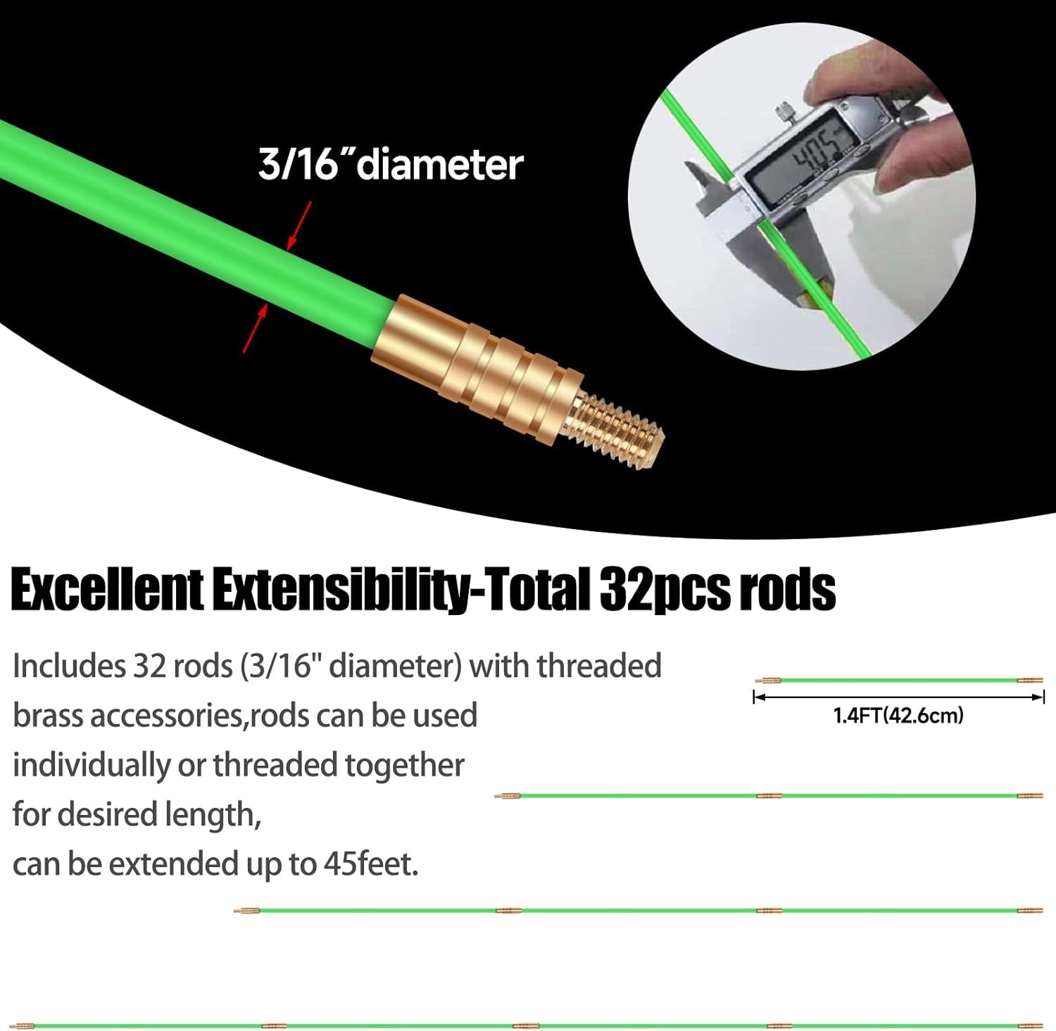 45FT Fiberglass Running Electrical Wire Cable Glow Rods Wire Pulling, Fish Rods