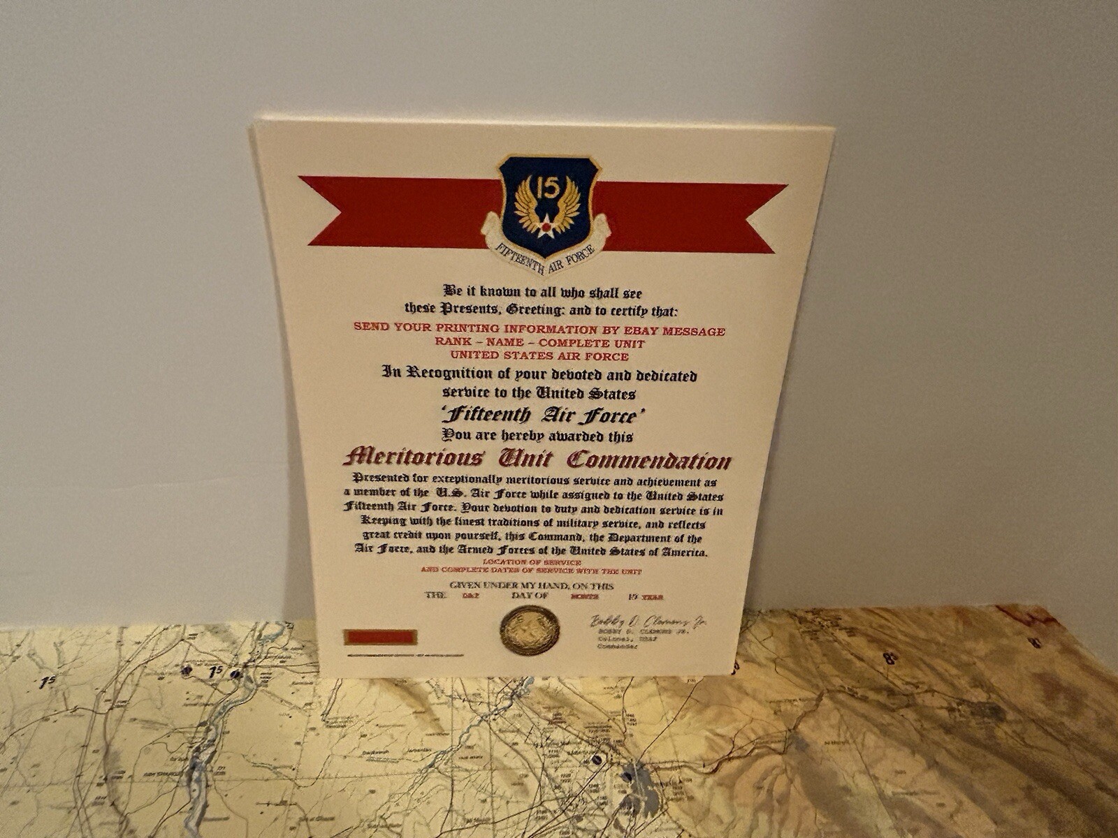 U.S. AIR FORCE / 15TH AIR FORCE - MERITORIOUS UNIT COMMENDATION CERTIFICATE