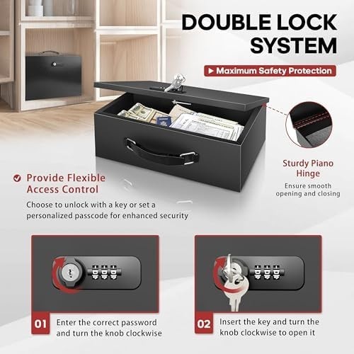 Fireproof Lock Box with Key and Combination Lock, Fire Safe Document Box