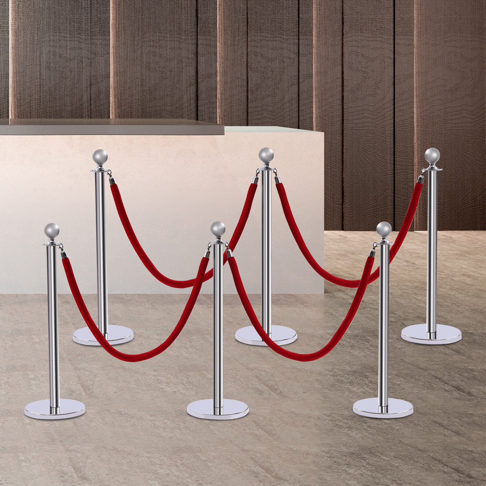 Silver 6Pcs Stanchion Posts with 4 Velvet Ropes Crowd Control Queue Pole Barrier