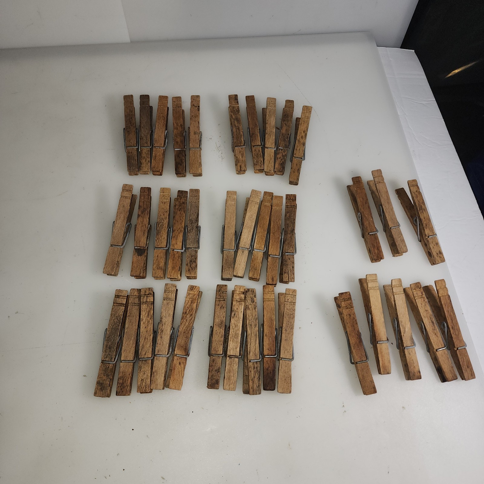 38 Vtg Weathered Wooden Clothespins Wire Spring Weathered Patina Farmhouse