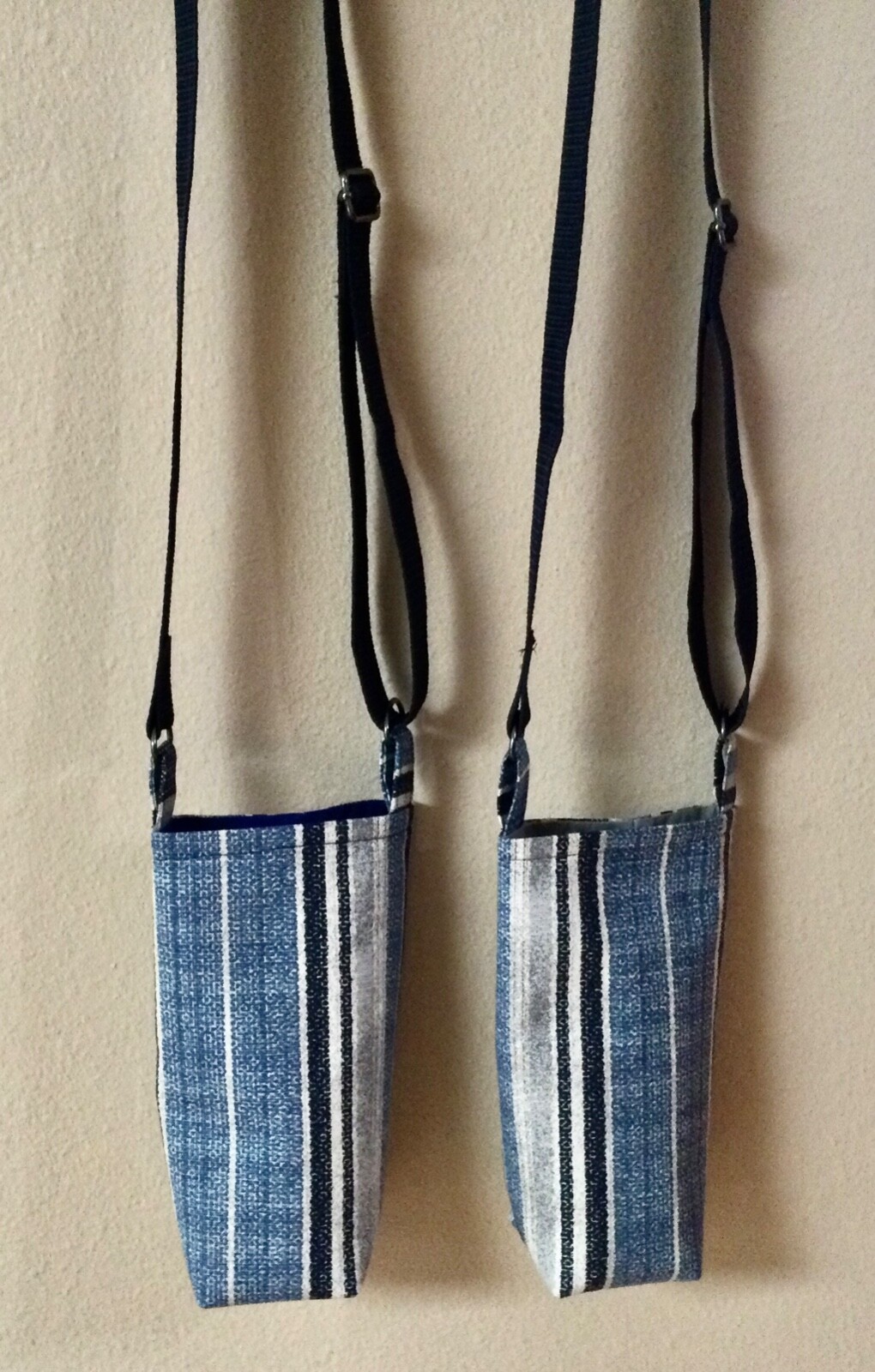 Handmade Crossbody Water Bottle Holder; Blue/Gray Stripe; Adjustable Strap/Lined