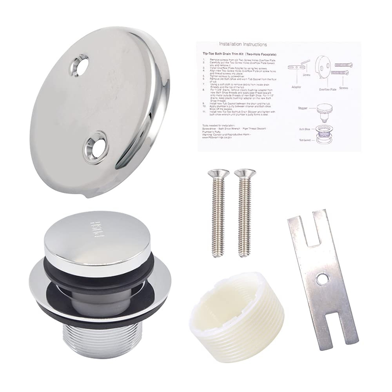 Tip-Toe Bath Drainer with Two-Hole Overflow Faceplate and Screws (Chrome)