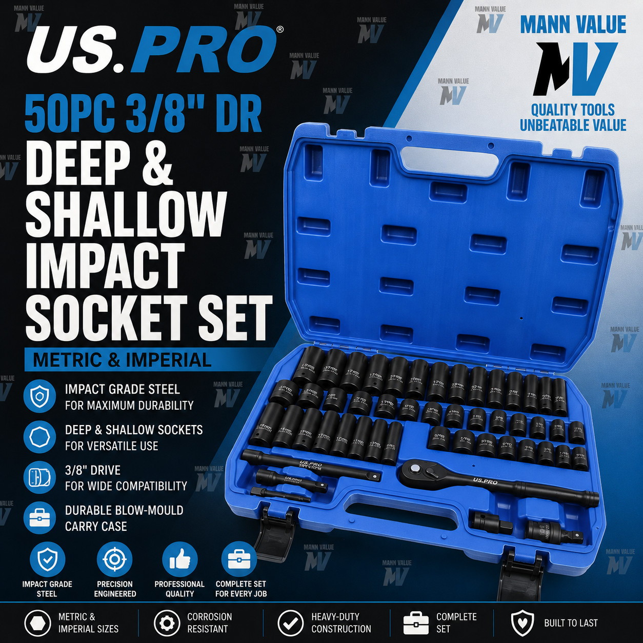 US PRO 50pc Socket Set Metric & Imperial Sizes 3/8" Impact Shallow/Deep Sockets