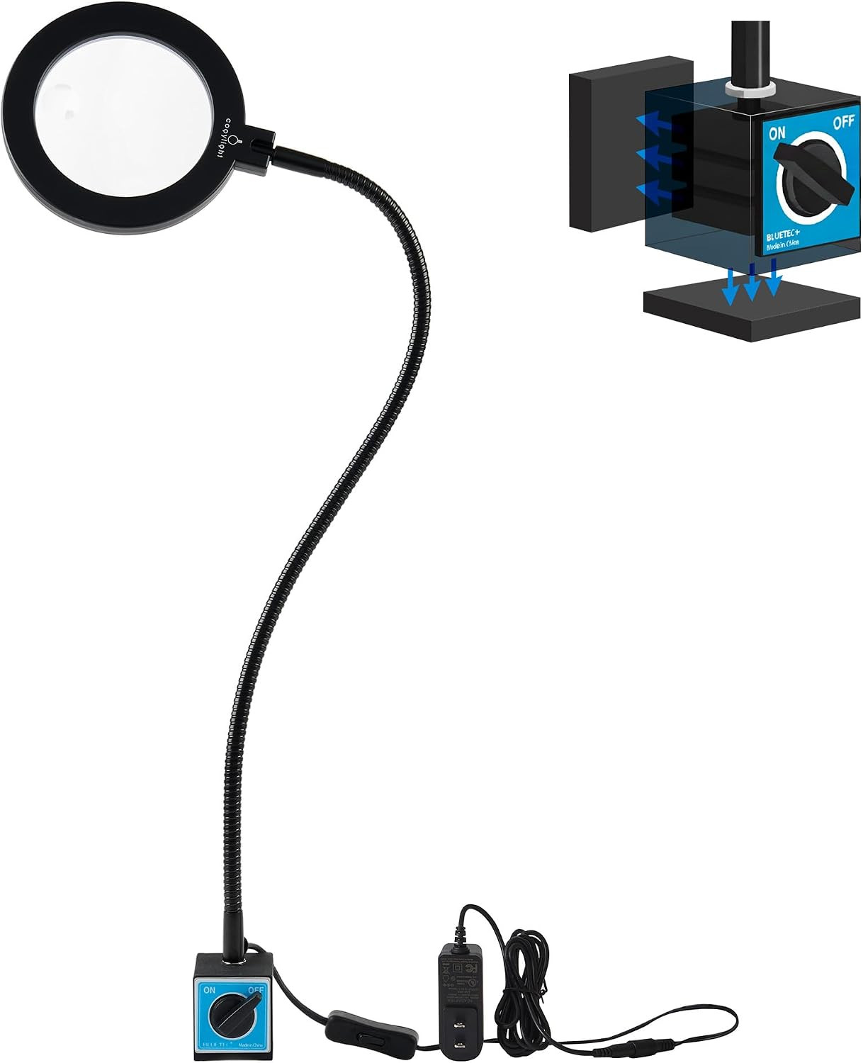 Magnetic Base LED Work Light with Magnifying Glass | 23.5in Flexible Gooseneck f