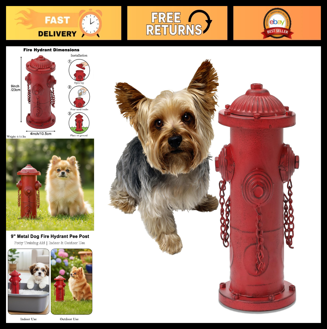 9" Metal Fake Fire Hydrant Pee Post for Small Dogs - Indoor & Outdoor Training S