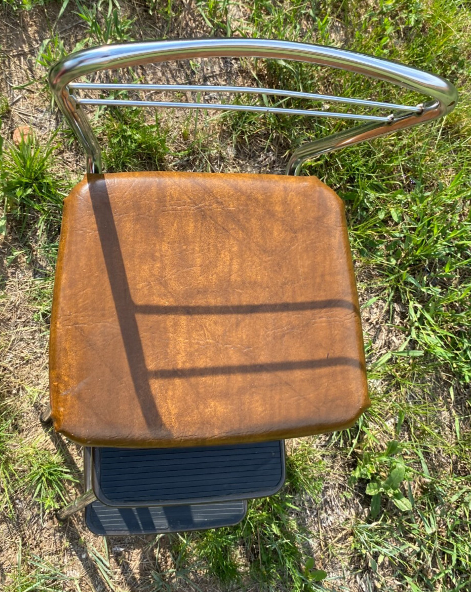 Vintage Cosco Chrome Kitchen 2 Step Stool Brown Seat 32 Inches Tall