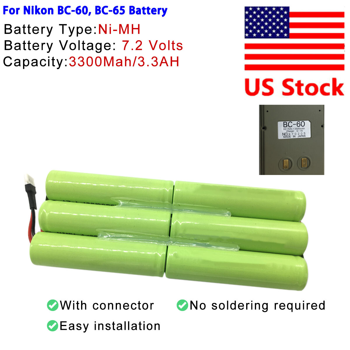 Replacement Battery For NIKON BC-60, BC-65 7.2V 3300mAh Ni-MH