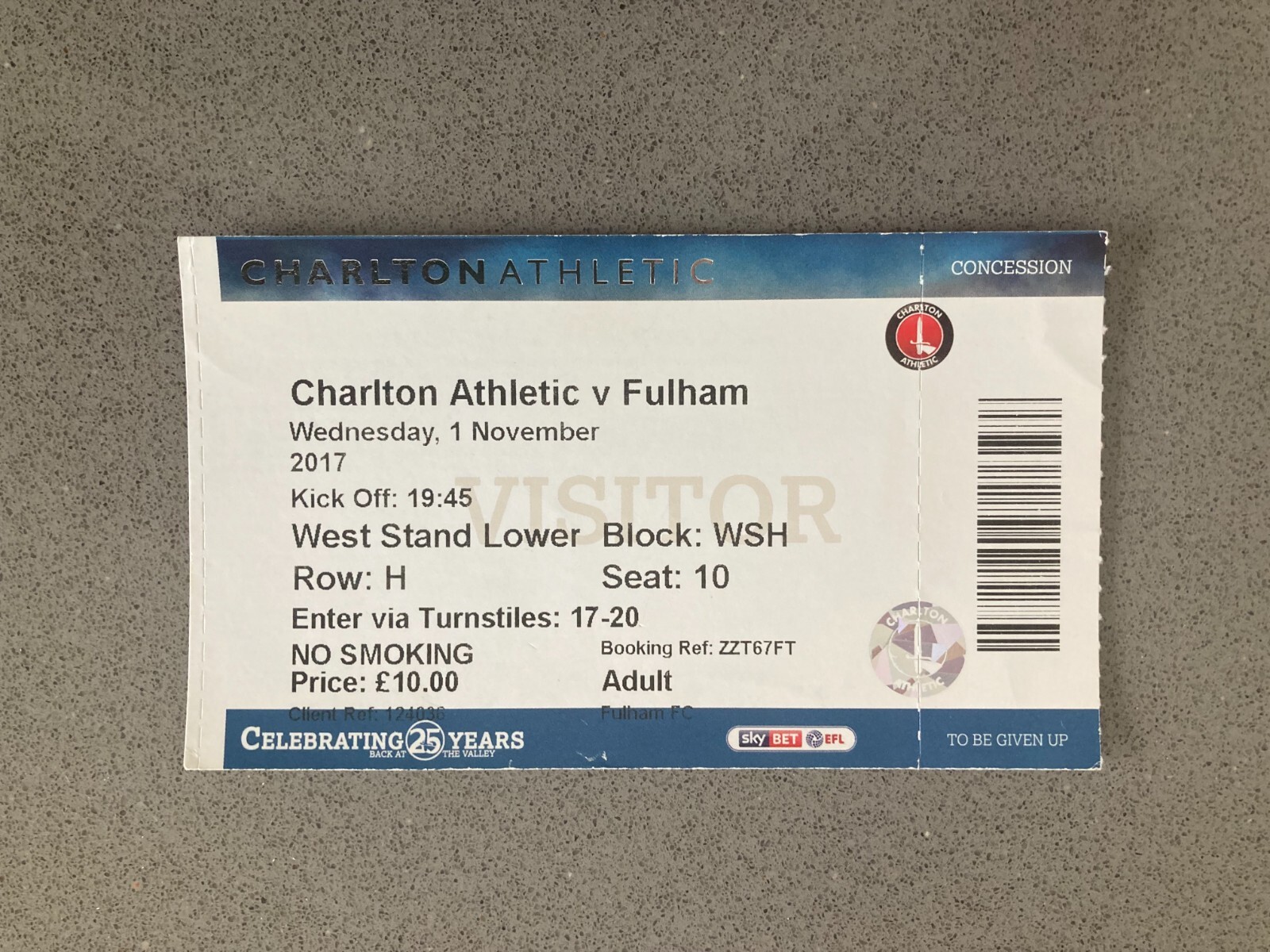 Charlton Athletic v Fulham 2017-18 Match Ticket