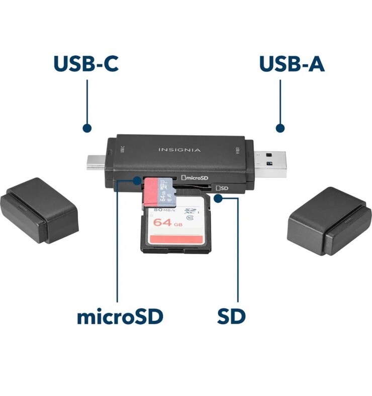 Insignia USB-C usb to SD microSD Memory Card Reader PC MAC Tablets ios Android