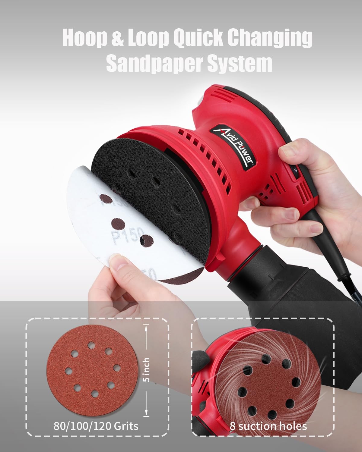 AVID POWER 5 Inch Orbital Sander Electric 3.0 Amp 6 Variable Speed Tool