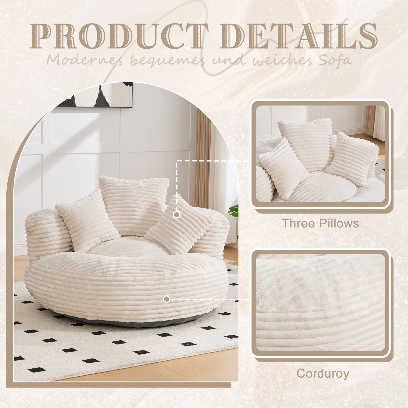 Oversized Corduroy Bean Bag Chair w/ Memory Foam Filled & Pillows for Apartment