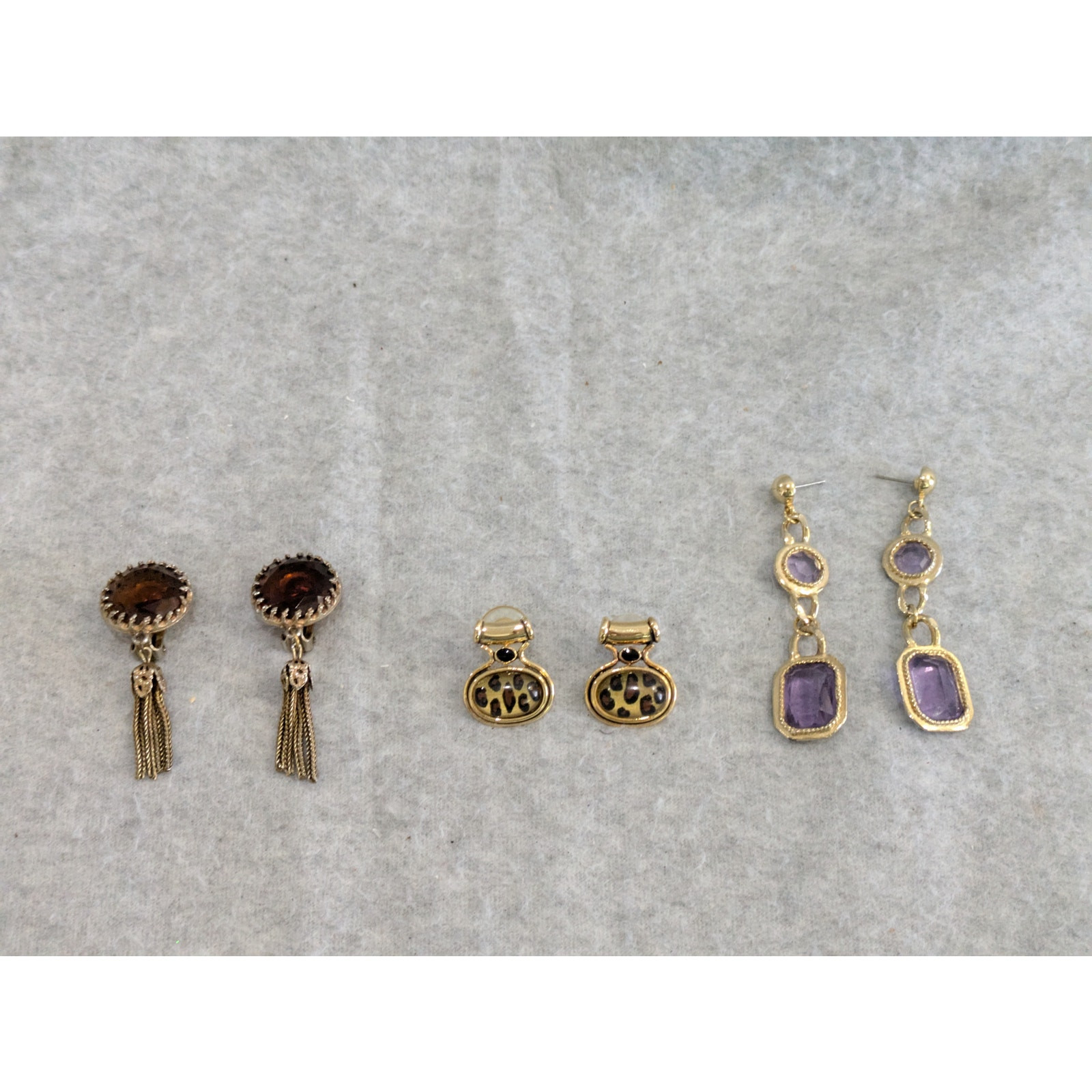 Set Of 3 Vintage Earrings Rhinestone Tassel Leopard Drop Dangle Stud