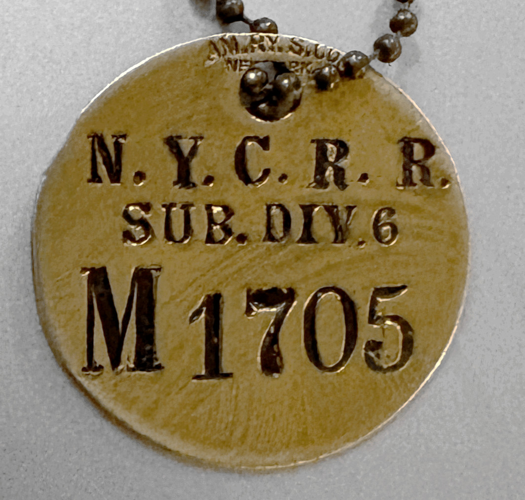 Vintage AM.RY.S Co Brass Tag: NEW YORK CENTRAL RAILROAD; Tool or Time Check