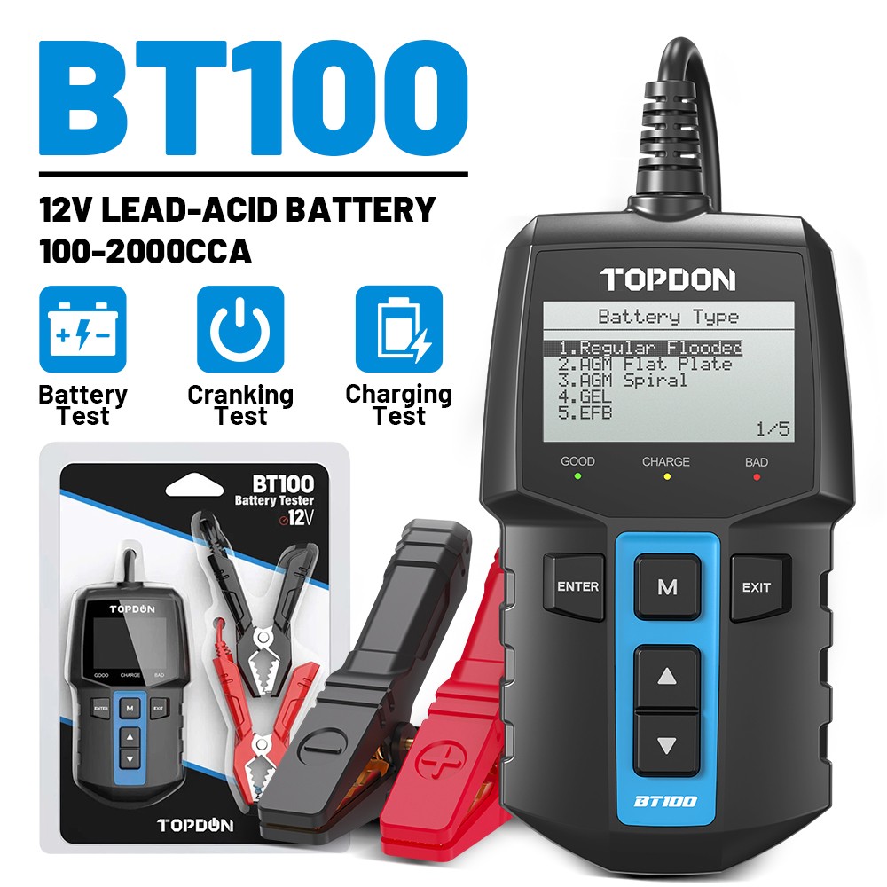 TOPDON BT100 12V Car Battery Tester Load & Charging System Analyzer 100-2000 CCA