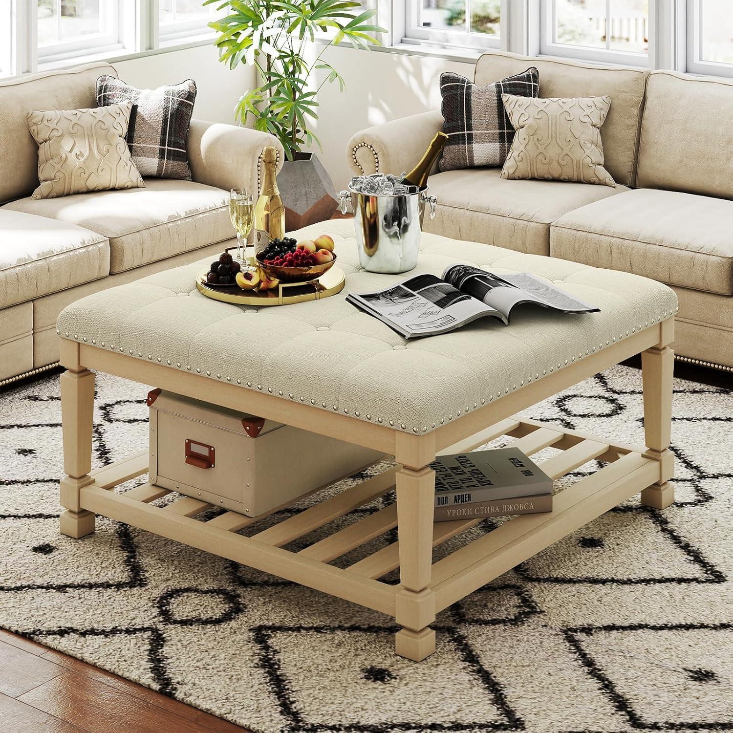 Ivory Large Square Ottoman Coffee Table with Storage & Tufted Upholstery