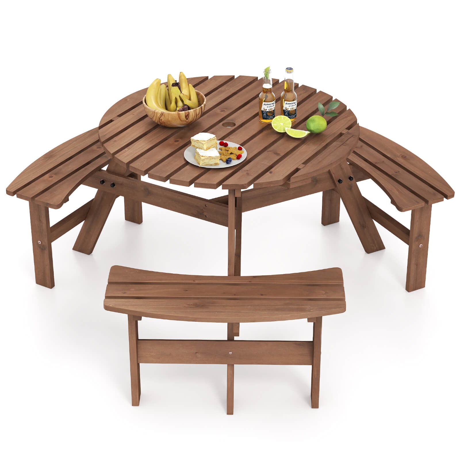 6-Person Round Picnic Table Set w/ 3 Built-in Benches 2" Umbrella Hole