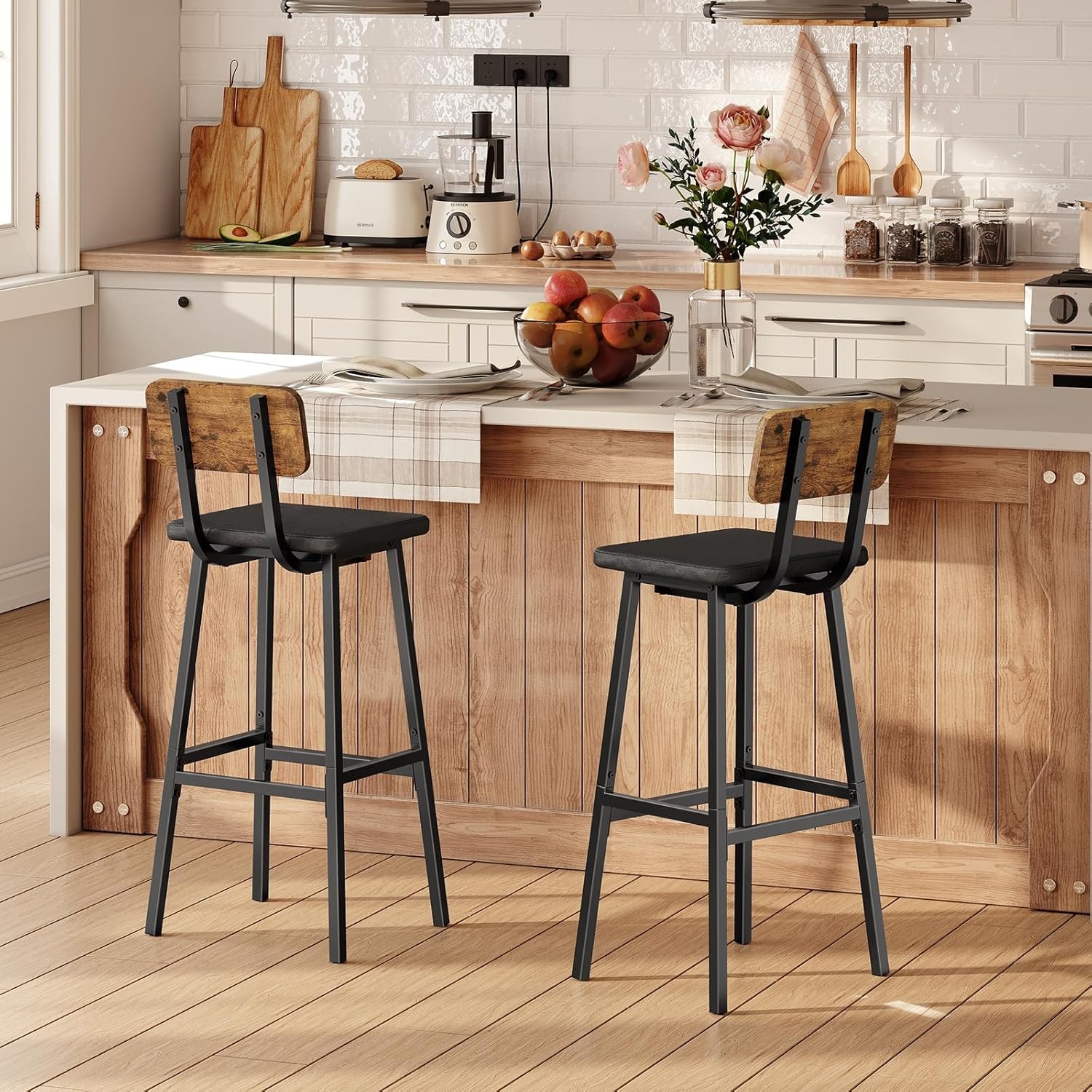 Black Bar Stools Set of 2 PU Upholstered Tall Bar Stools Kitchen Breakfast