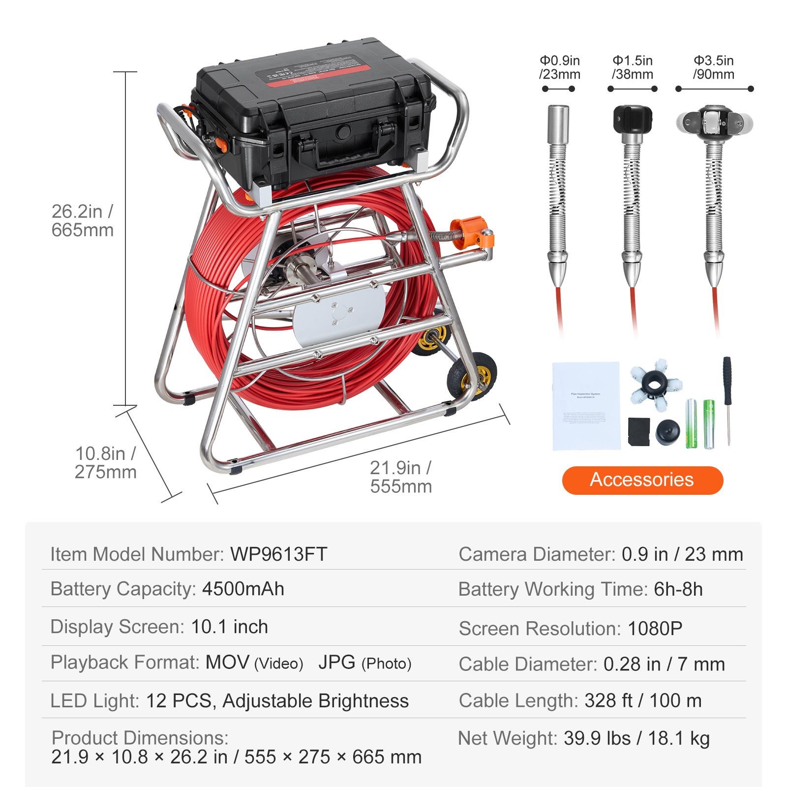 Sewer Camera 328ft 10.1 inch Touchscreen, Self Leveling IP68 Drain Inspection
