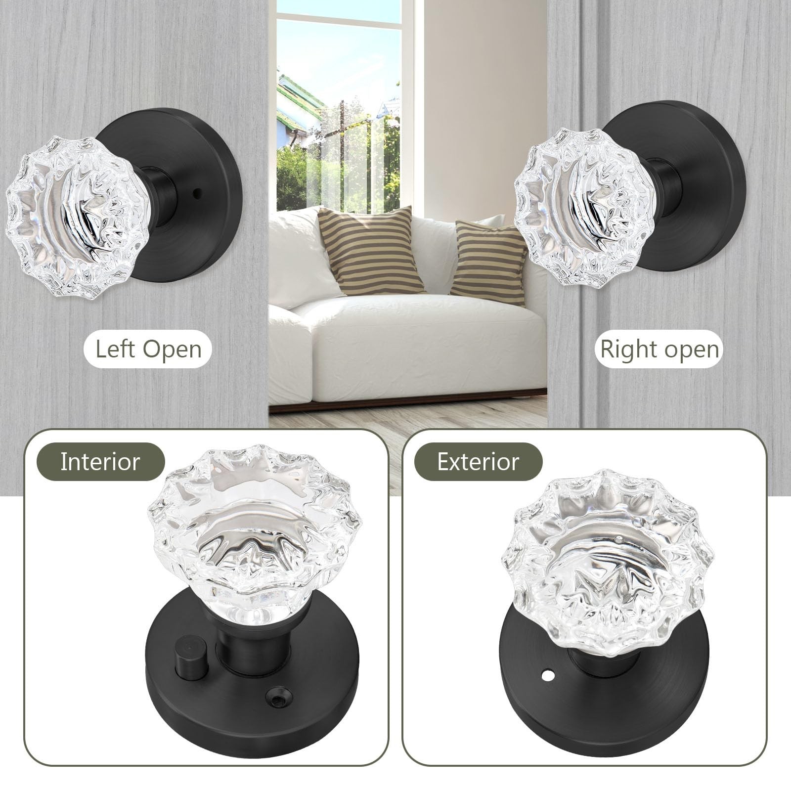 Solid Crystal Glass Door Knobs (Black, Privacy) | Vintage Round Interior Door...