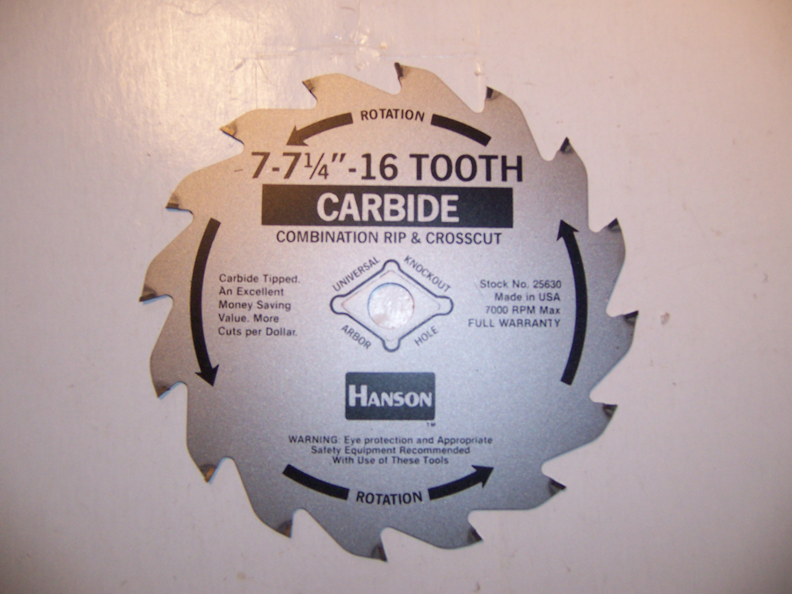 7 , 7-1/4"  16 TEETH HANSON SAW  BLADE  5/8" & DIAMOND ARBOR MADE IN USA