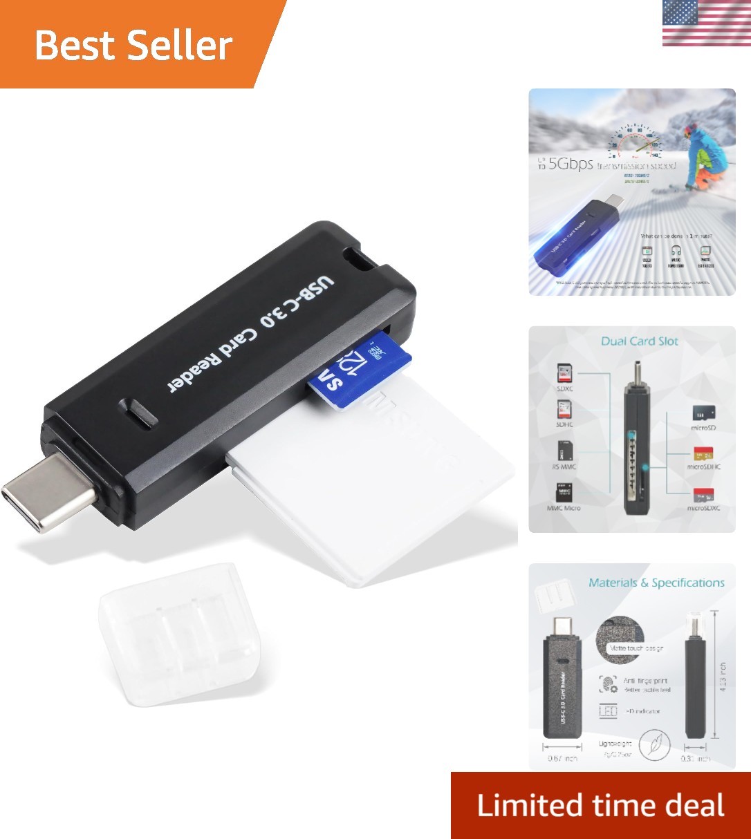 Multi-Format Dual Slot USB-C Card Reader - Supports SD, Micro SD Up to 5Gbps