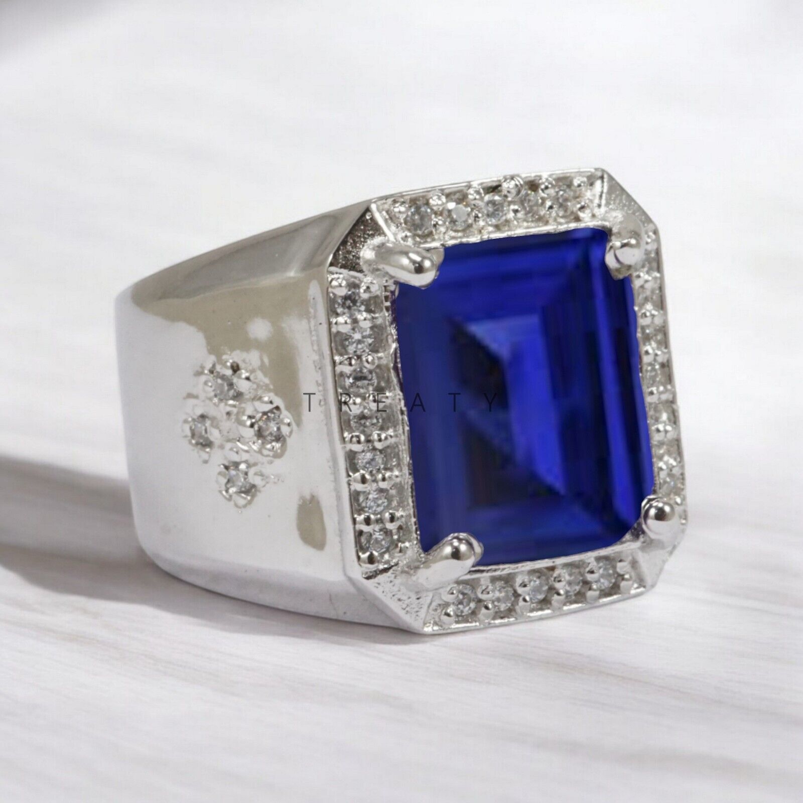 Blue Sapphire Emerald Cut Gemstone With 14K Solid White Gold Ring For Men's #812