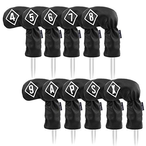 Golf Iron Head Covers 10Pcs Set Long Neck Golf Club Protector Leather Black