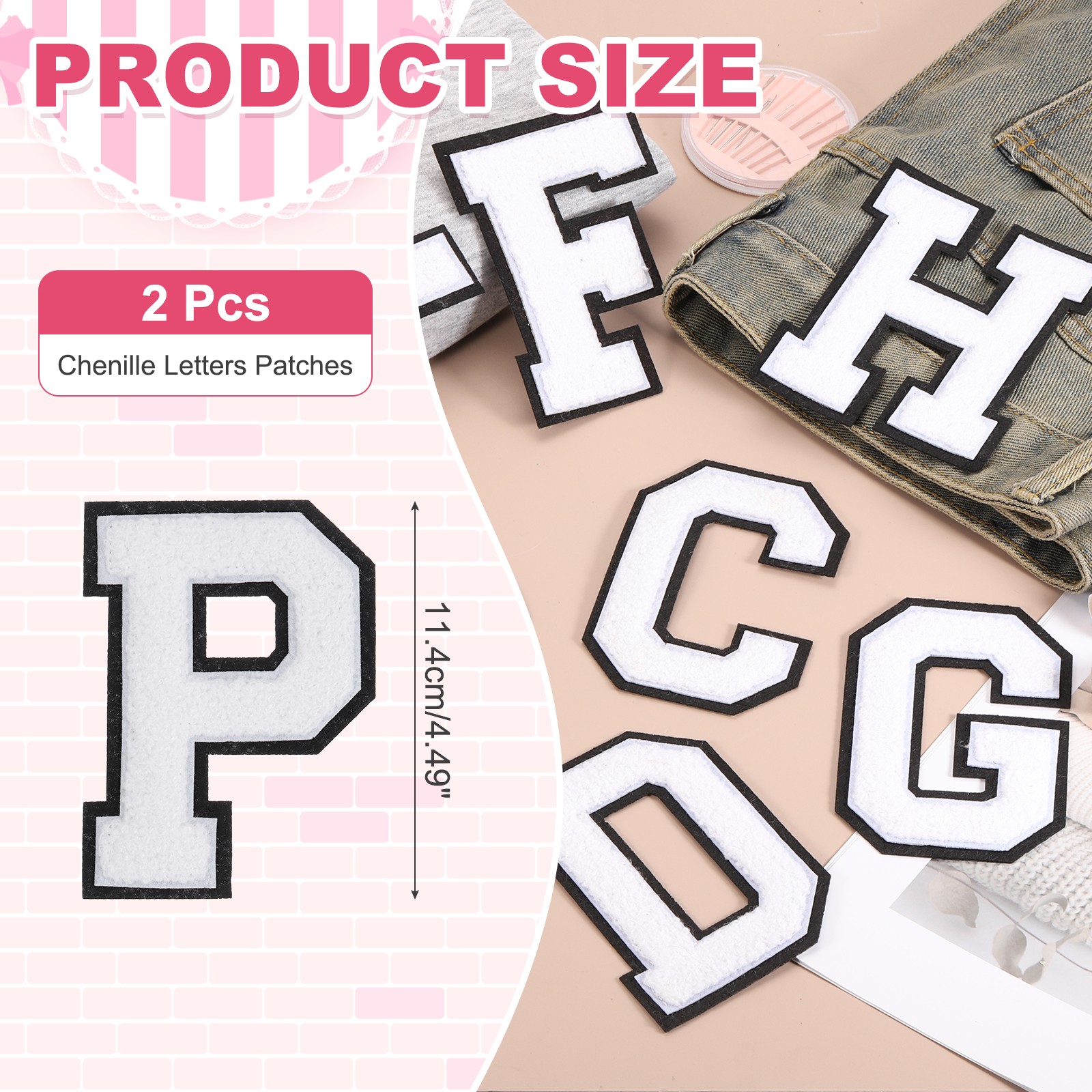 White Chenille Letter Patches, 4.5" Chenille Initial Embroidered Patches (P)