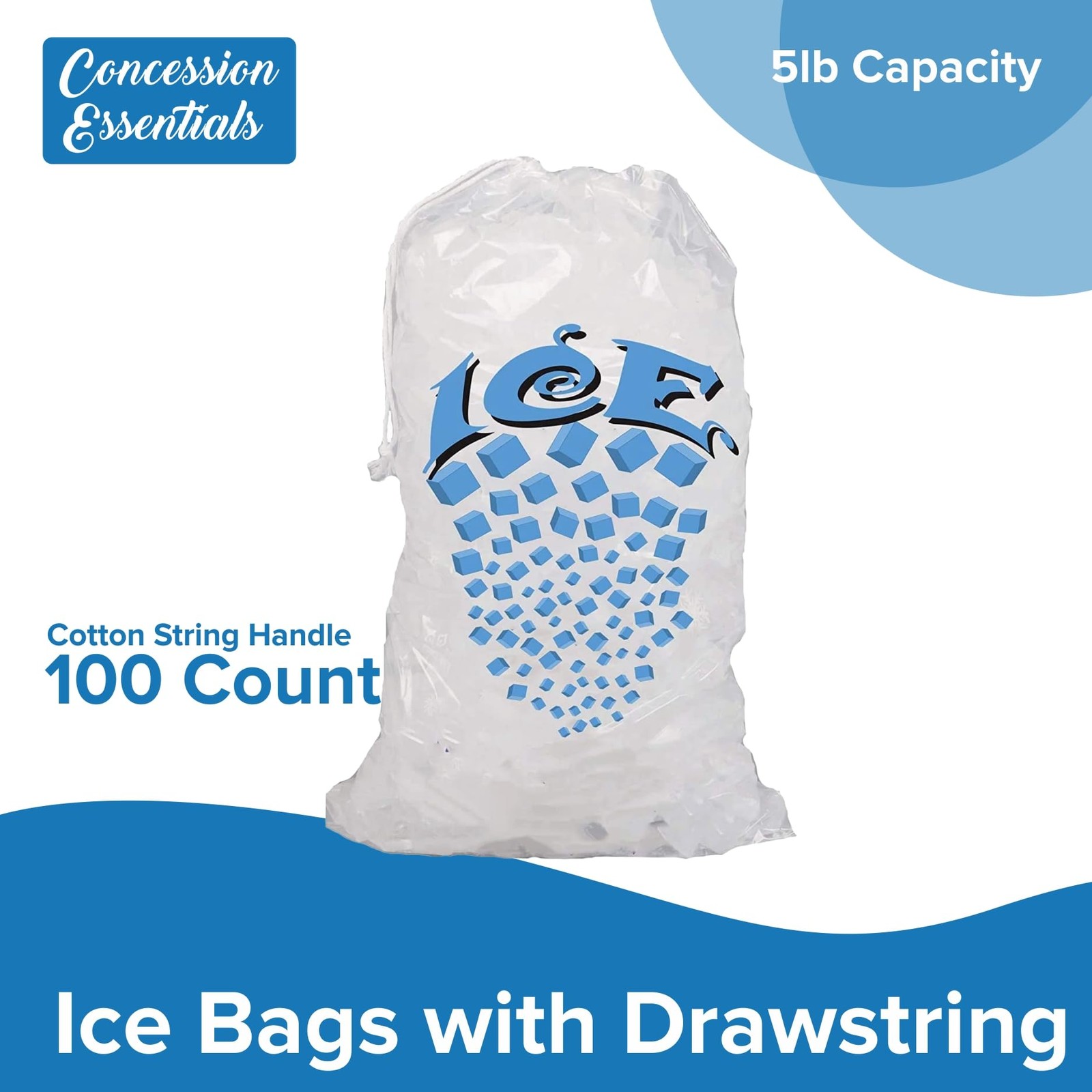 Ice Bags with Drawstring and Cotton Handle, 5 lb Capacity, 100 Count
