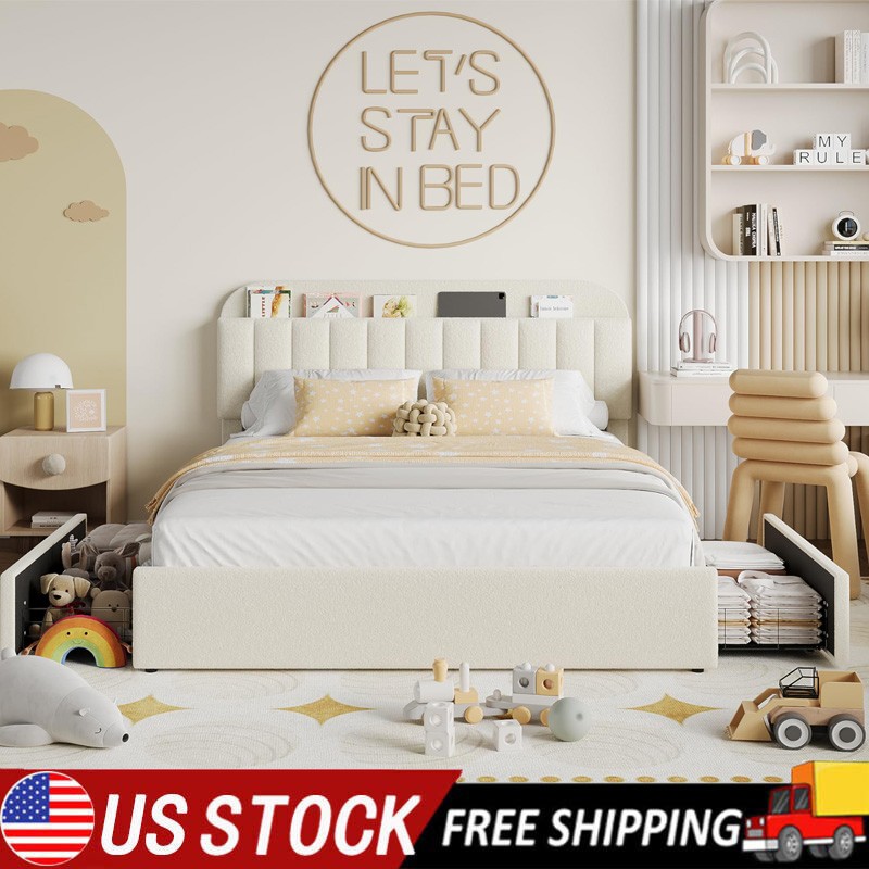 Full Queen Metal Bed Frame with Storage Drawers & Upholstered Storage Headboard