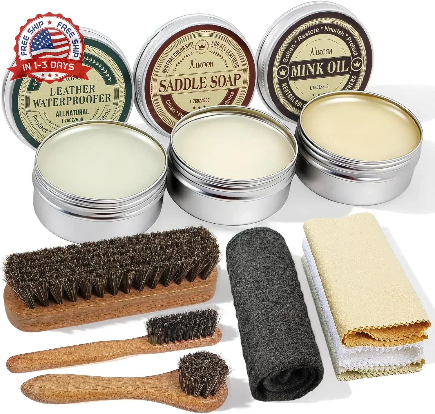 Nuroon 10Pcs Leather Care Kit- 3Pcs Horsehair Brushes, 1.76oz Saddle Soap, 1.76o