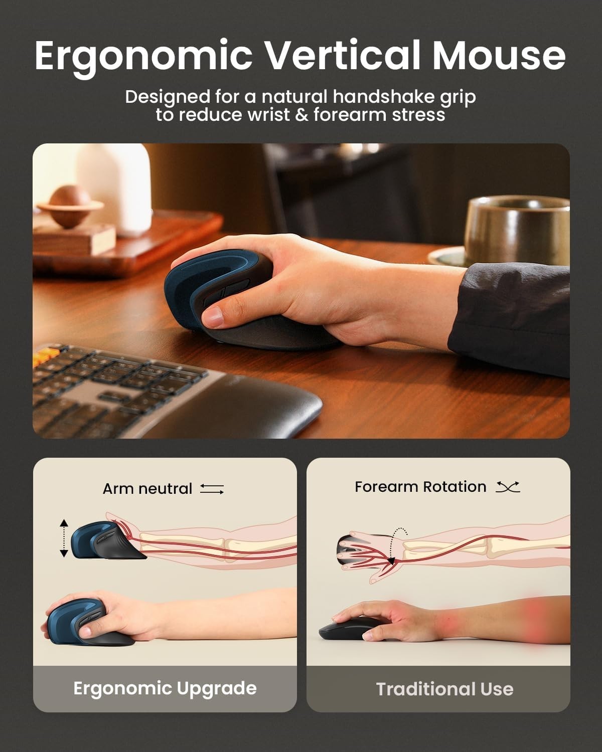 Compact Bluetooth Vertical Mouse with Adjustable DPI - Ergonomic & Rechargeable