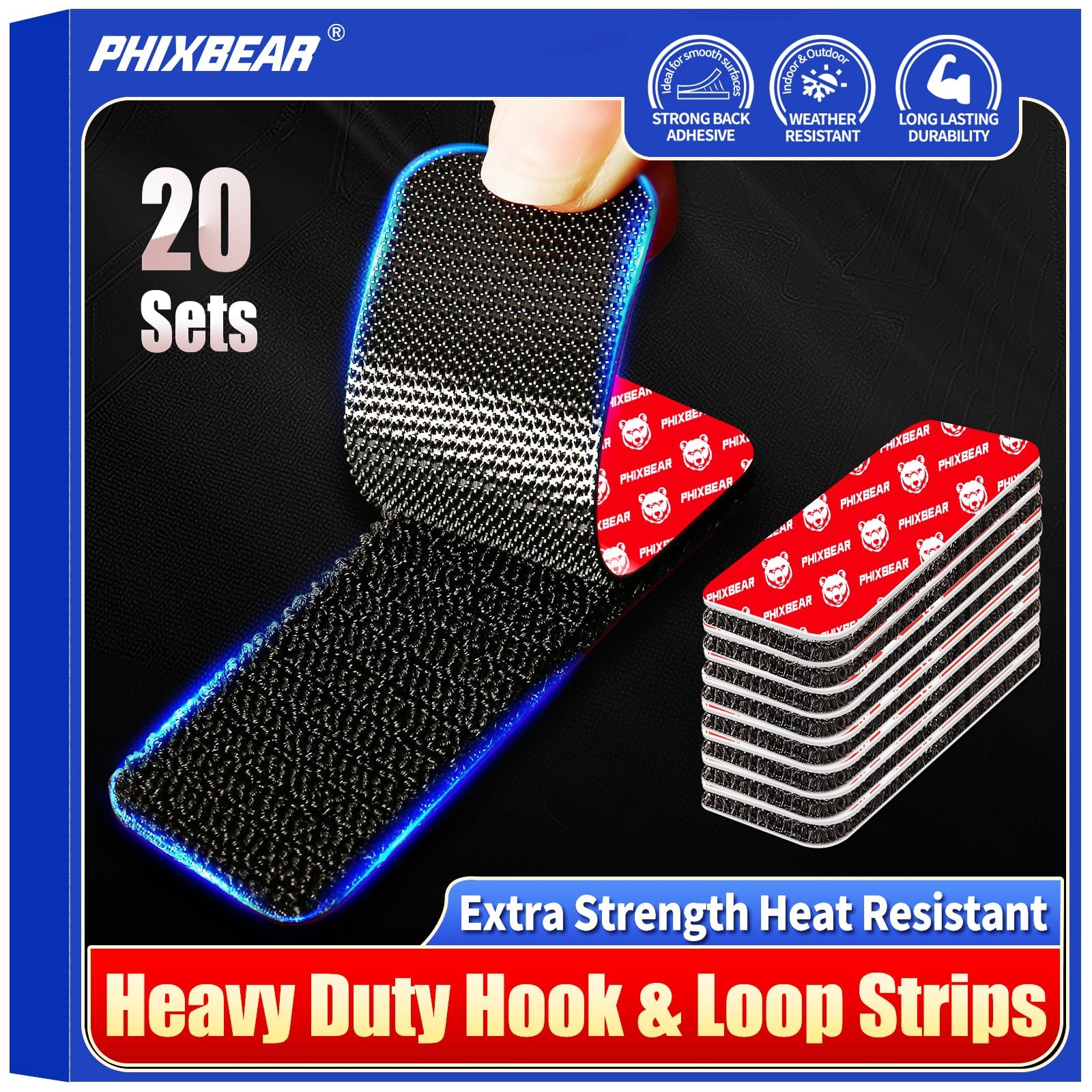 Heavy-Duty 3M VHB Hook and Loop Strips, 20 Sets, Waterproof, 1.2x3.2 Inch