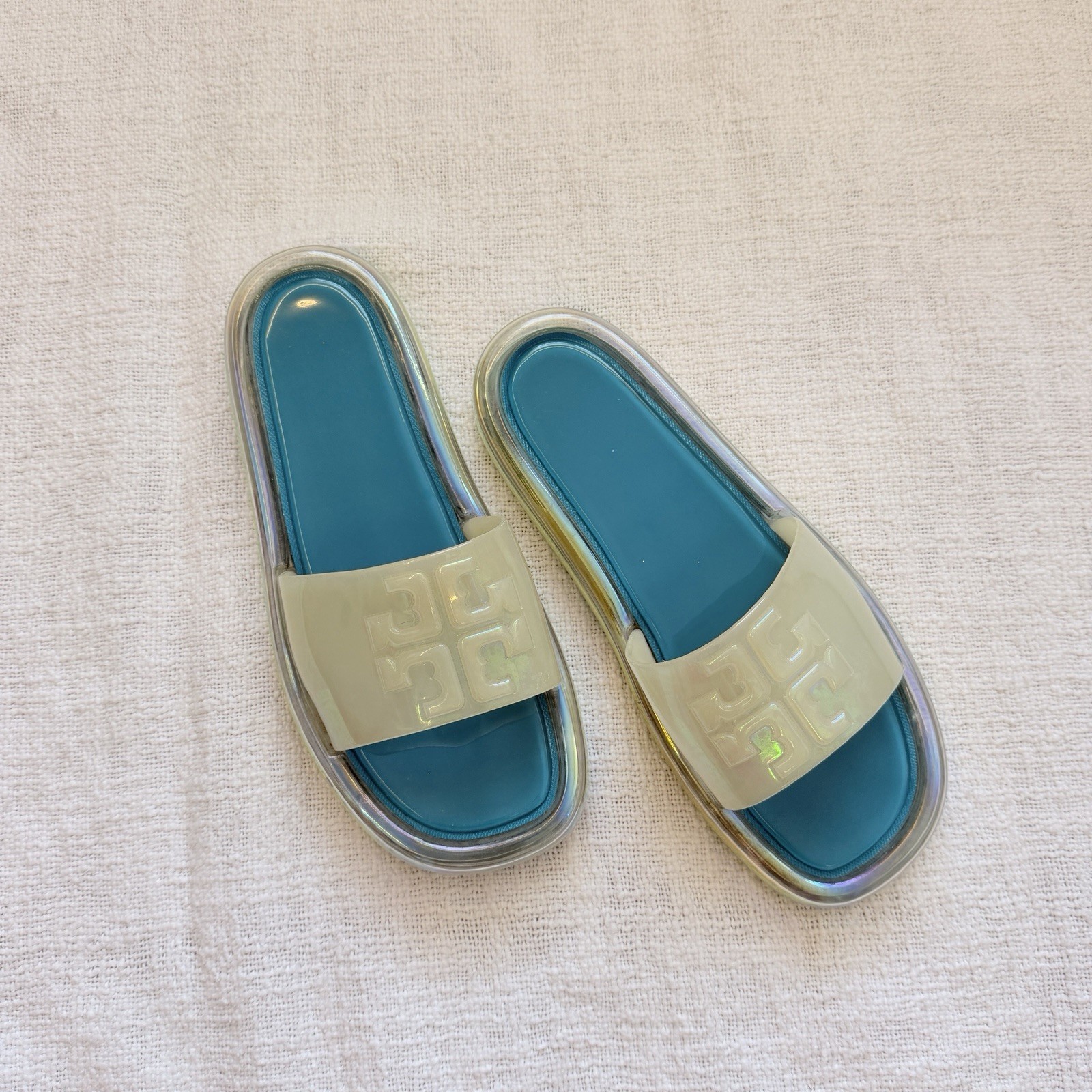 Tory Burch Womens Slides 9 Bubble Jelly Tuscan Sea Iridescent Sandals Embossed