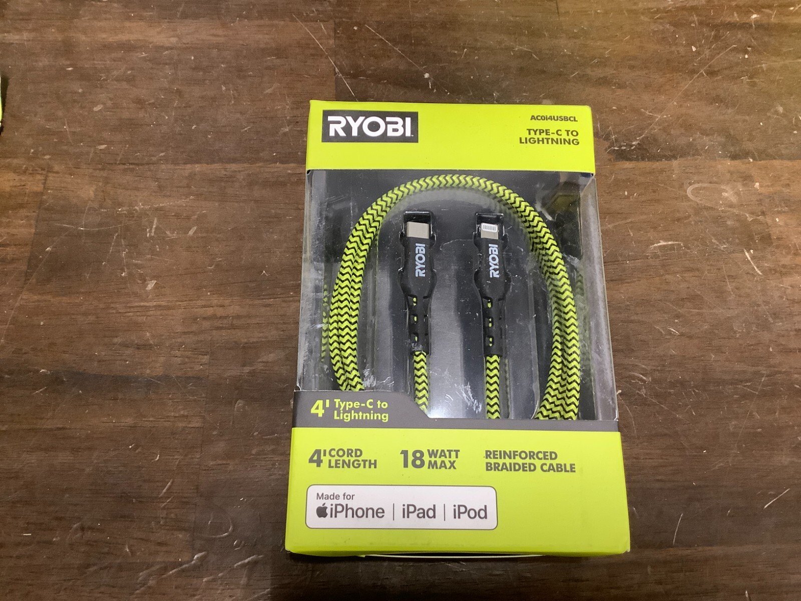 NEW RYOBI USB TYPE-C TO LIGHTNIN 4' CHARGING CORD AC0I4USBCL