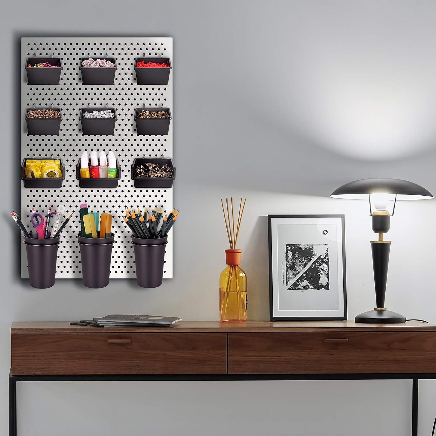 12 Pack Pegboard Bins PegBoard Cups with Hooks & Loops, Peg Board Hooks Assor...