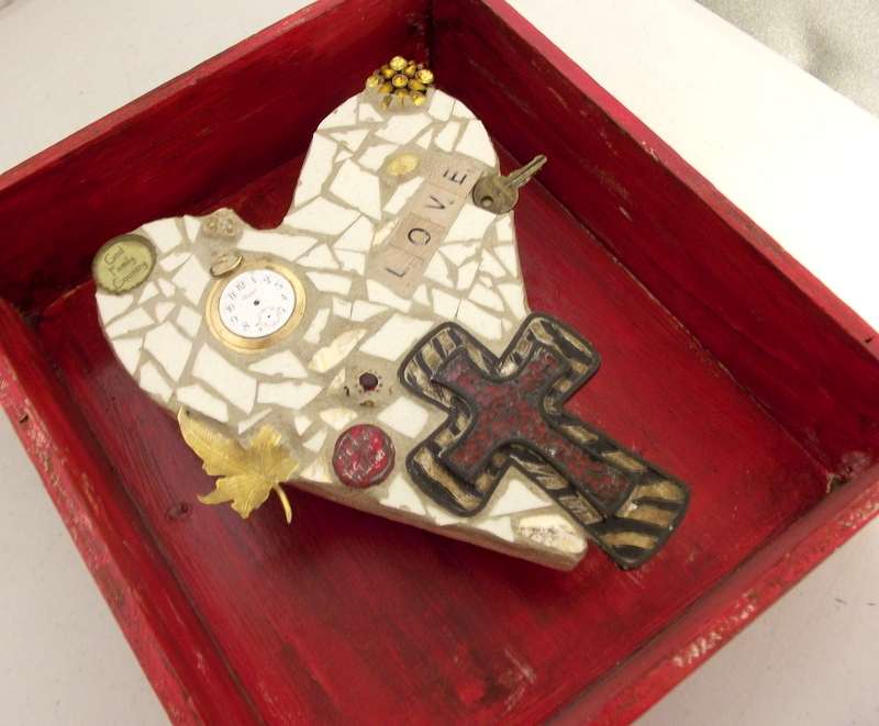Red and Tan Heart assemblage with cross - mosaic sculpture