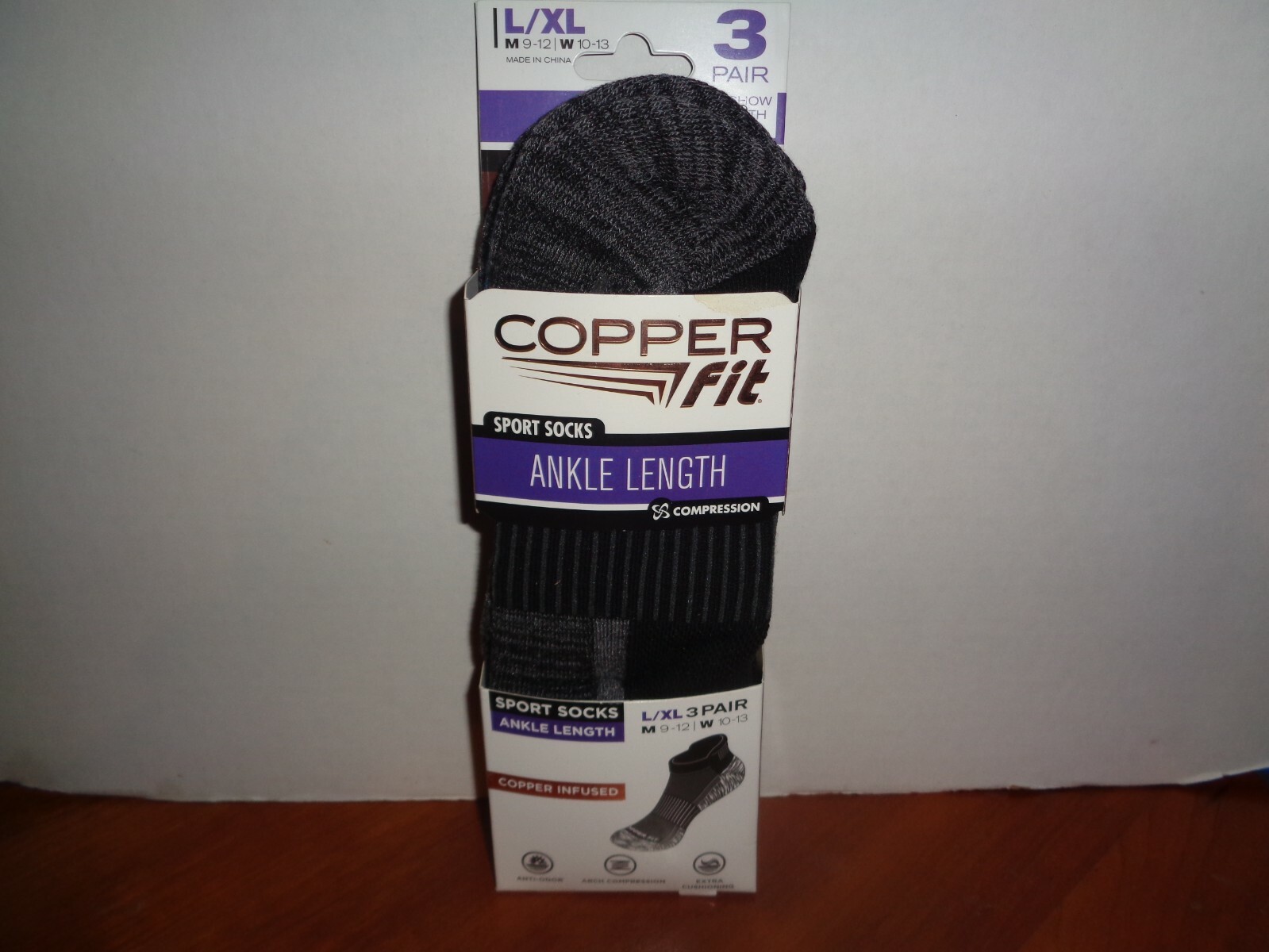 Copper Fit Infused Sport Ankle Socks 3 Pair Large L/XL Black Size M 9-12 W 10-13