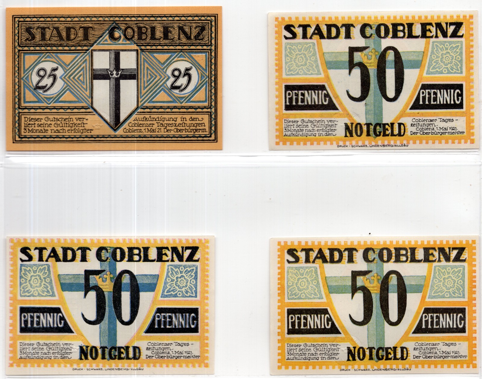 1921 Germany Coblenz Notgeld 4 Note Set (3580)