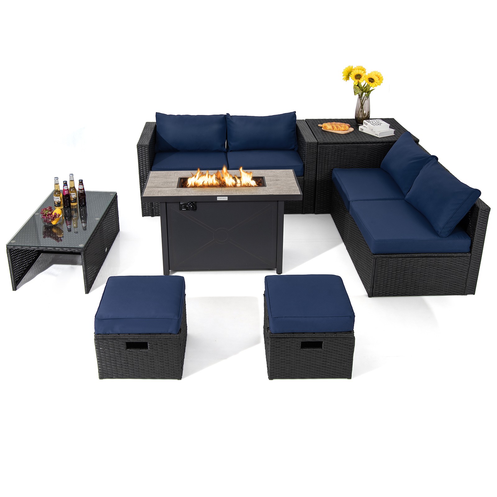 9PCS Patio Rattan Furniture Set Space Saving  42” Fire Pit Table Cover Navy