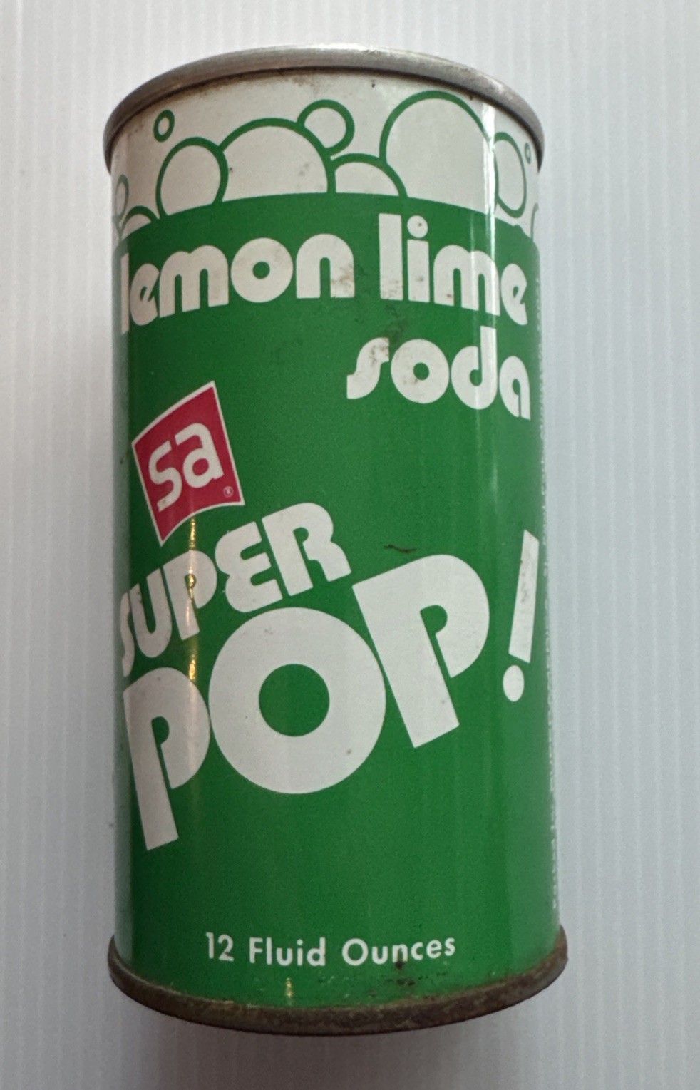 1970's Super America SA Super Pop! Steel Soda Can Lemon Lime Bush Button Top MN