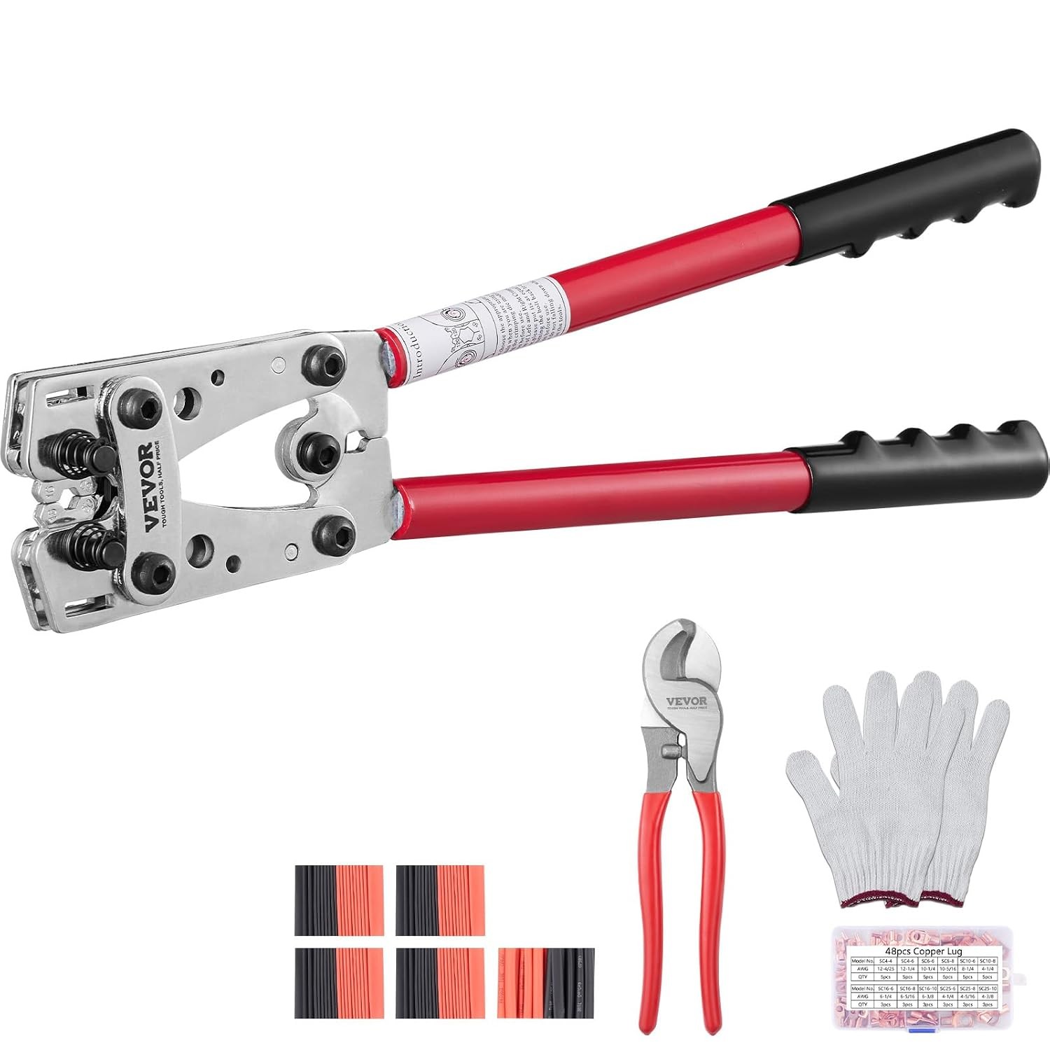 VEVOR Battery Cable Lug Crimping Tool, 10-1/0AWG, Cutter, 48 Copper Ring Termina